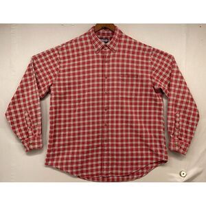 VTG Lands End Flannel Shirt Men XL 17-17.5 Red Tartan Plaid Heavyweight Work 90s